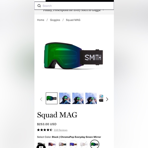 Smith Squad MAG goggles in black  with a ChromaPop Everyday Green Mirror lens - Picture 2 of 5